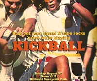Poster for Kind Fork's vegan meetup: Kickball and lawn games on August 9th at noon, happening at the Hillhurst Sunnyside Park Baseball Diamond.